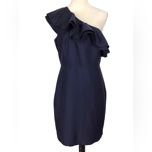 J Crew Navy Blue One Shoulder Ruffle Dress NWT Size 10 NEW - Picture 2 of 10